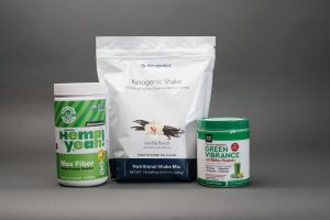 Breakfast Drink Recipe Ingredients, hemp, keto powder, and green vibrance greens powder with probiotics