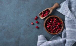 cranberries in a bowl with scoop on table