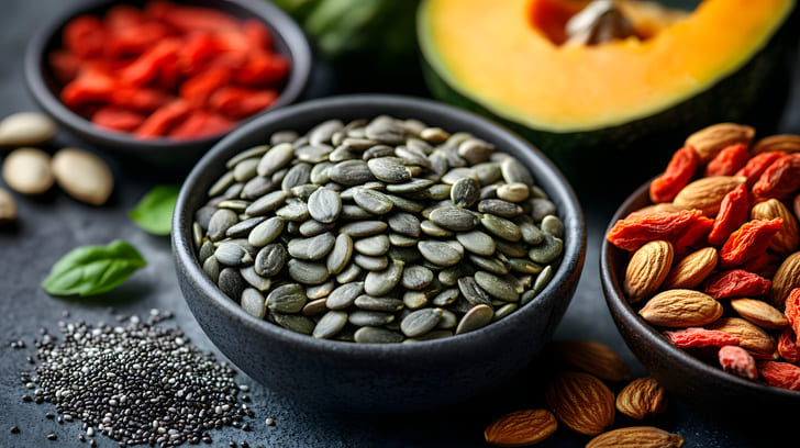 magnesium rich foods like pumpkin seeds in bowls