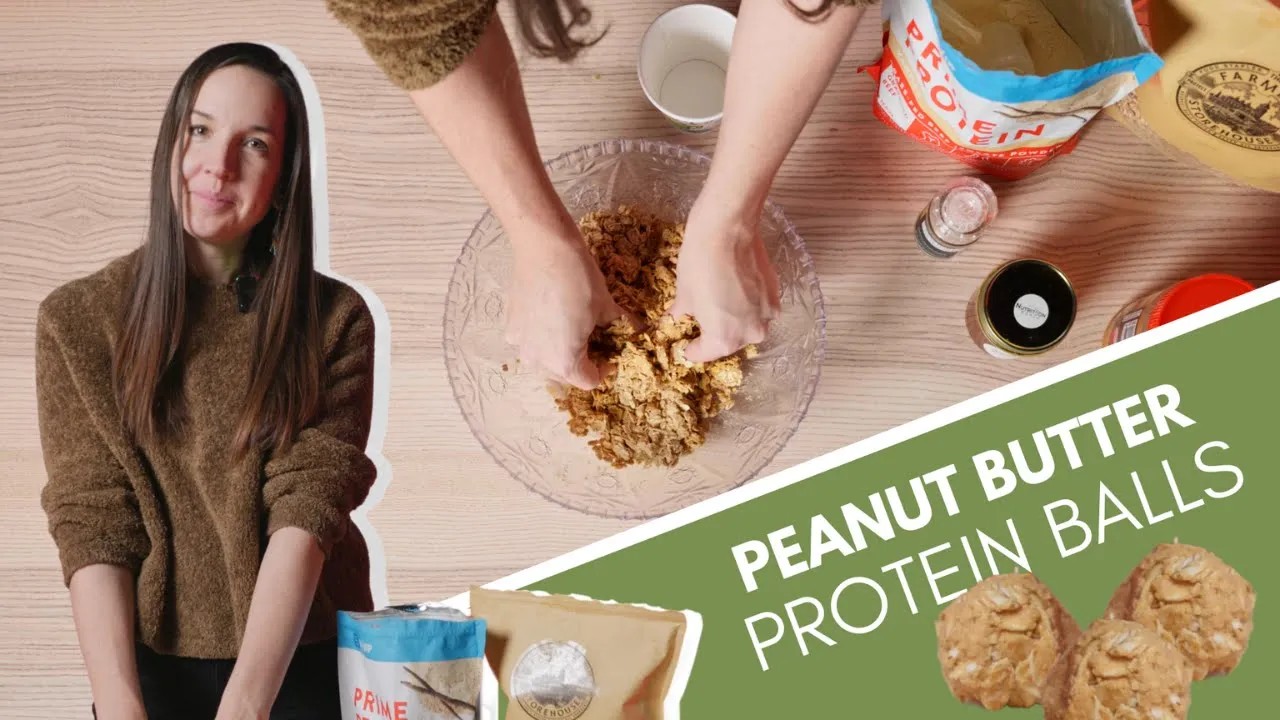 Health coach demonstrates how to make protein snack